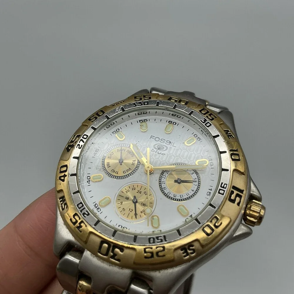 Vintage Fossil Blue BQ-8774 Mens Watch 40mm Two Tone Bracelet New Battery 7.5